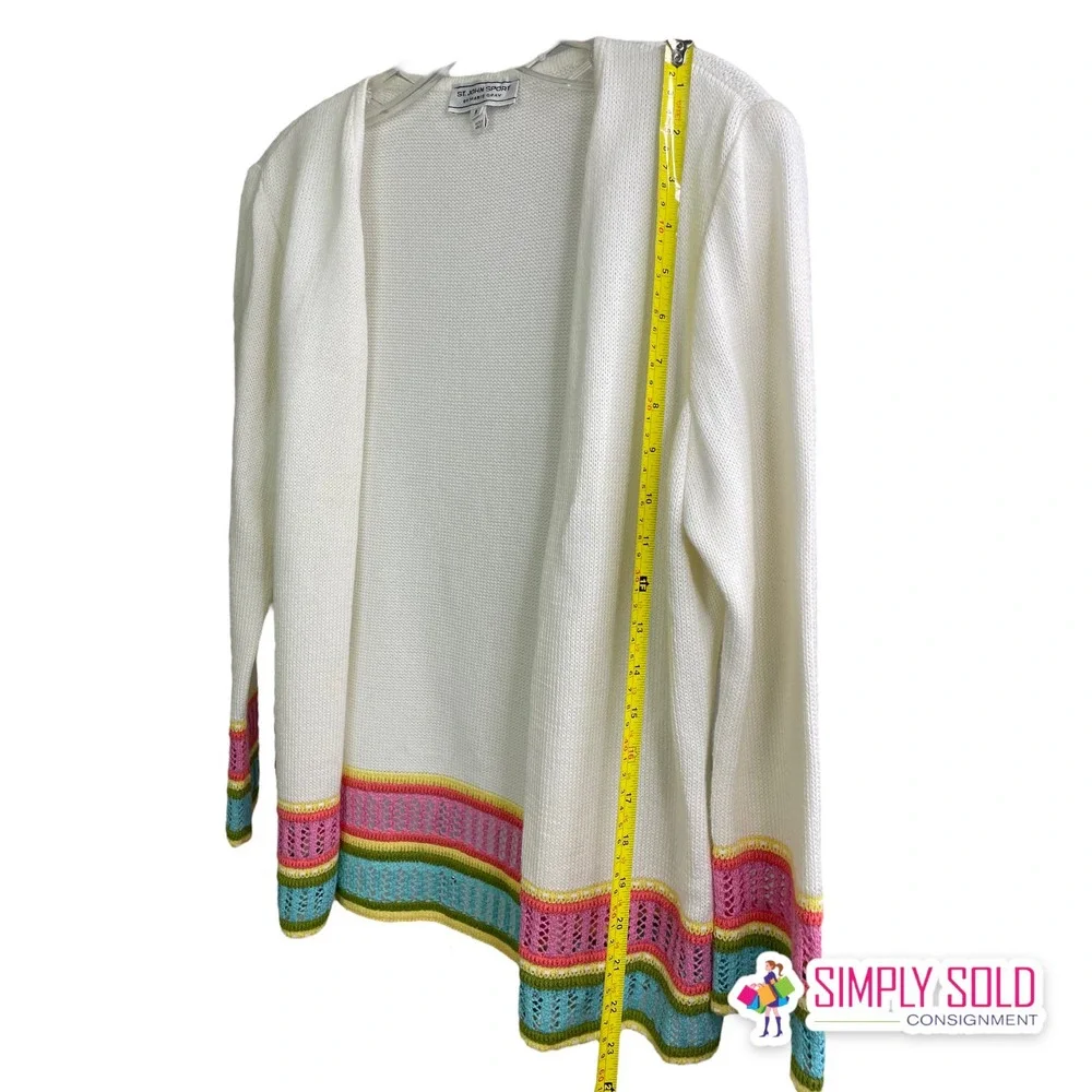 St. John Sport by Marie Gray Womens Cardigan Sweater Cream Knit Quarter Sleeve S